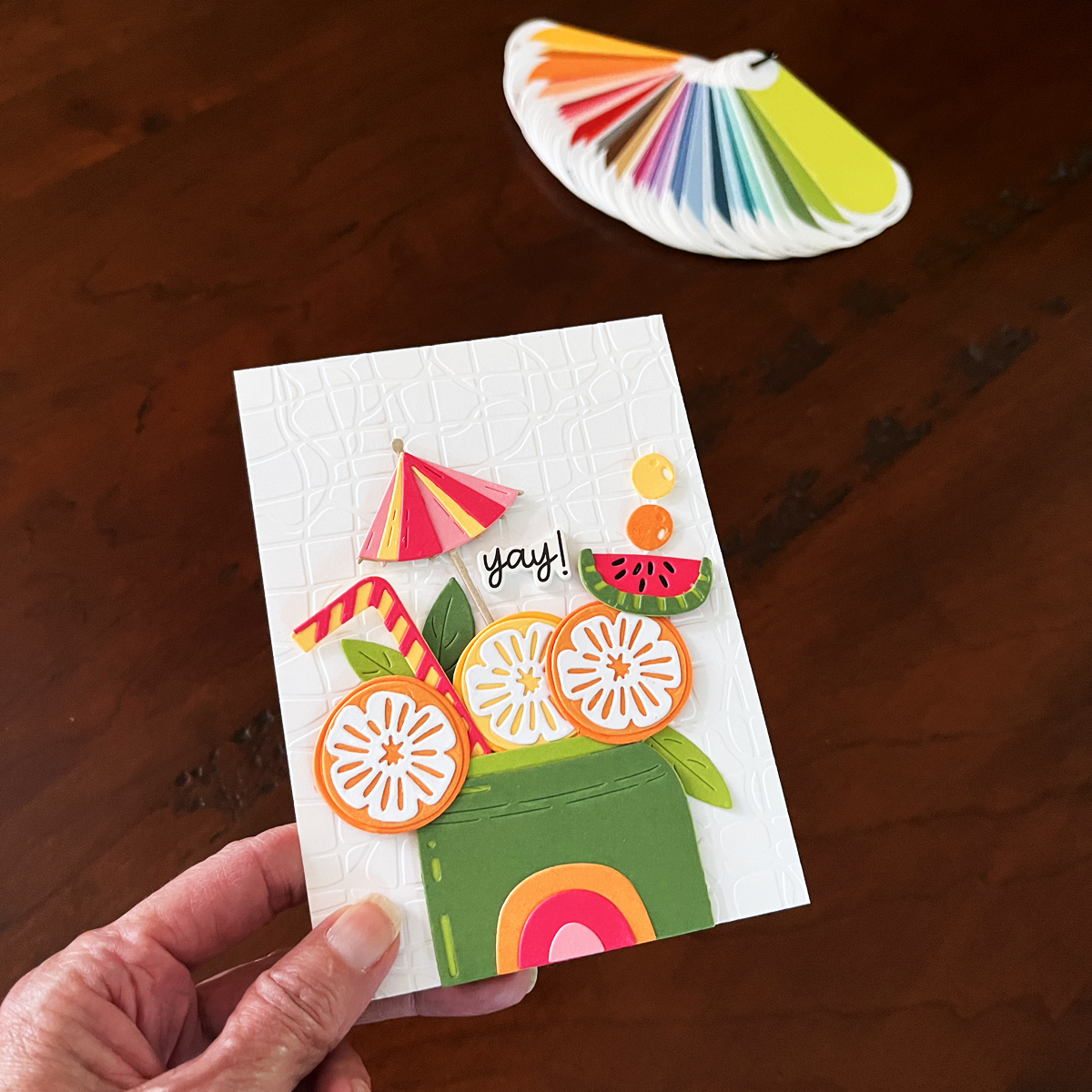 Festive die cut citrus, lemon, orange, watermelon drink theme card perfect for summer.