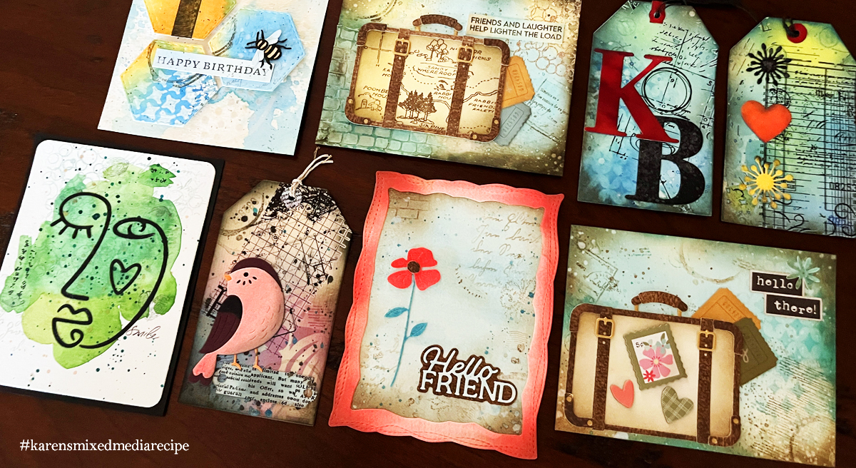 8 mixed media cards and tags from my continuing series: Mixed Media Made Simple.