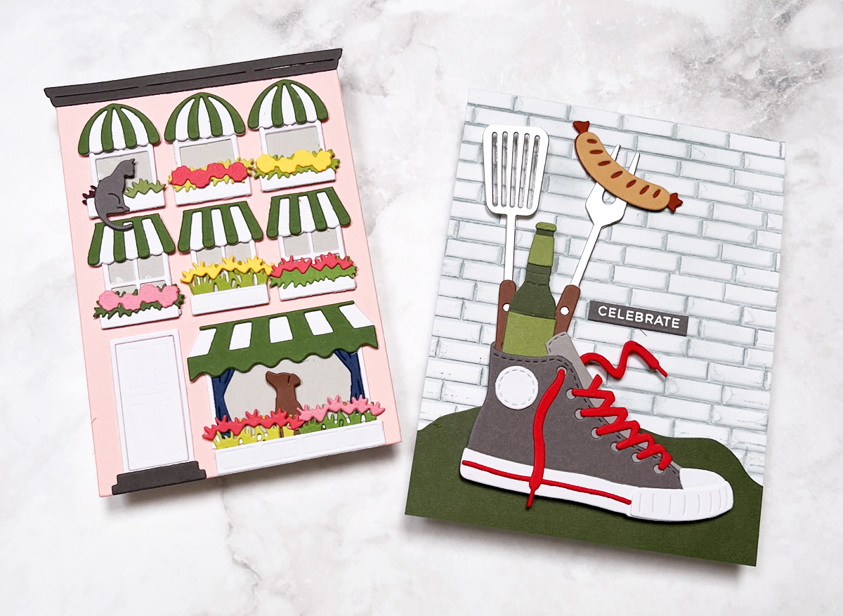 Collection of handmade scene cards including house, sneaker bouquet, and outdoor themed designs