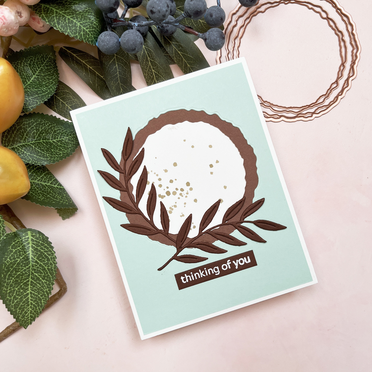 Elegant botanical sympathy/thinking of you card in shades of brown and mint green.