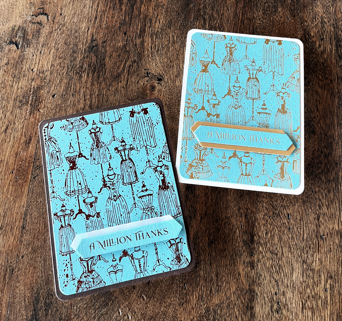 Two vintage dress Glimmer Hot Foil cards:  one is copper foil the other matte gold foil