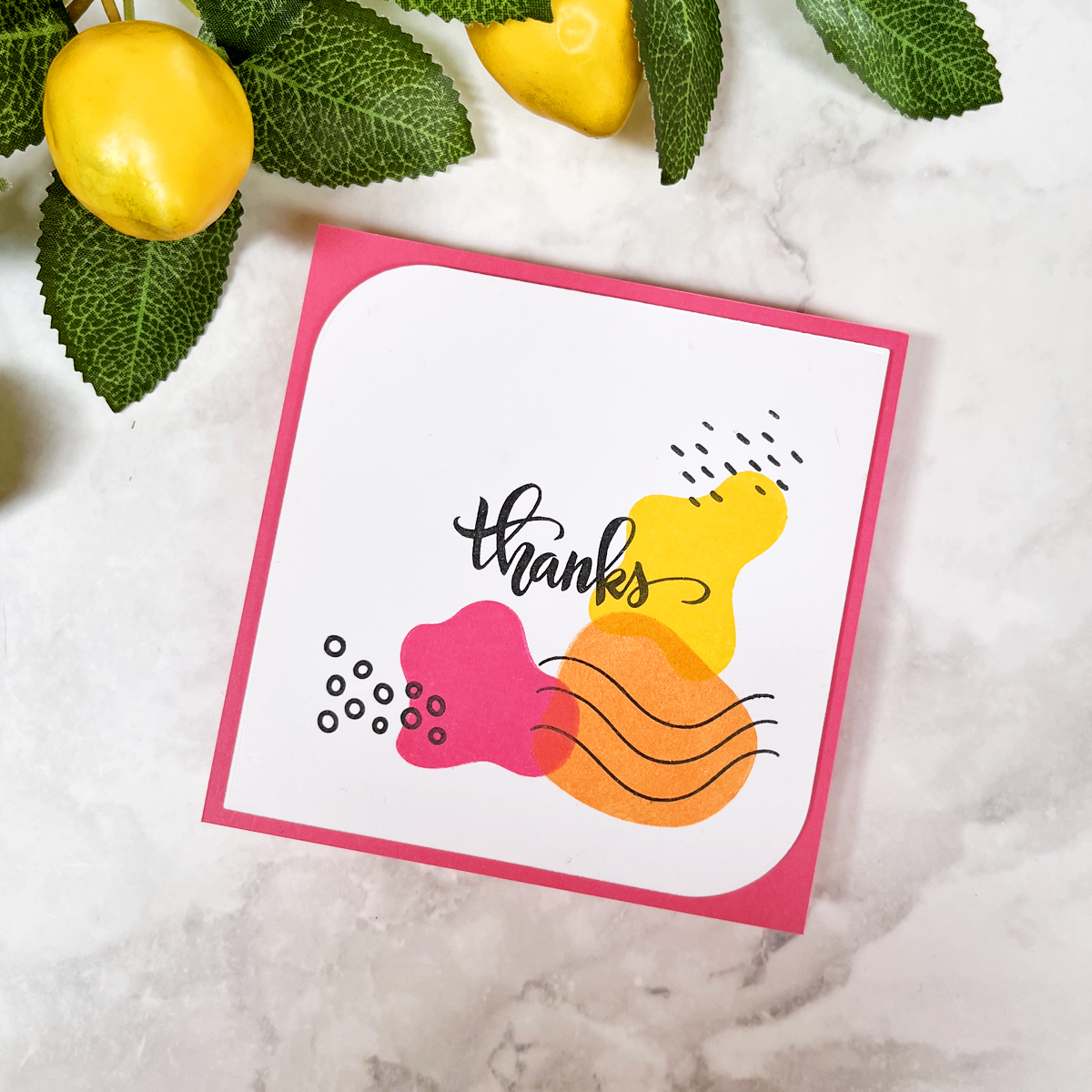 Clean, simple and easy beginner level thank you card using organic abstract shaped stamps.