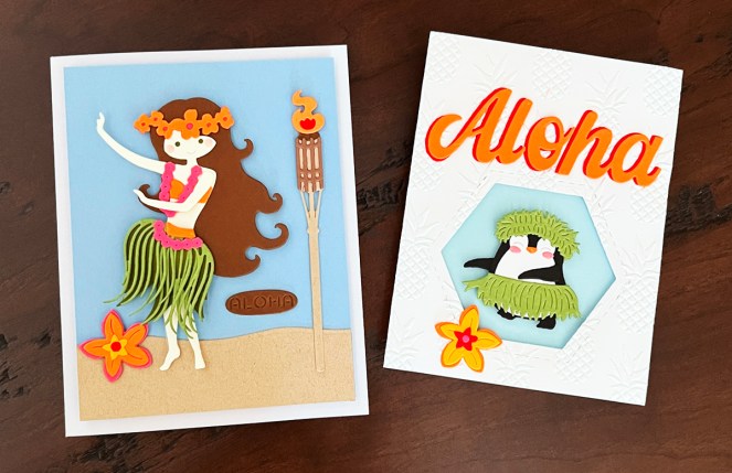 Tropical handmade cards featuring die-cut hula dancer and penguin using Spellbinders All-Clubs Crate cardmaking kits with bright summer colors