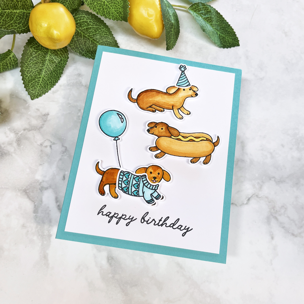 Humorous handmade dog card featuring 3 Wiener Dogs ready for a birthday party