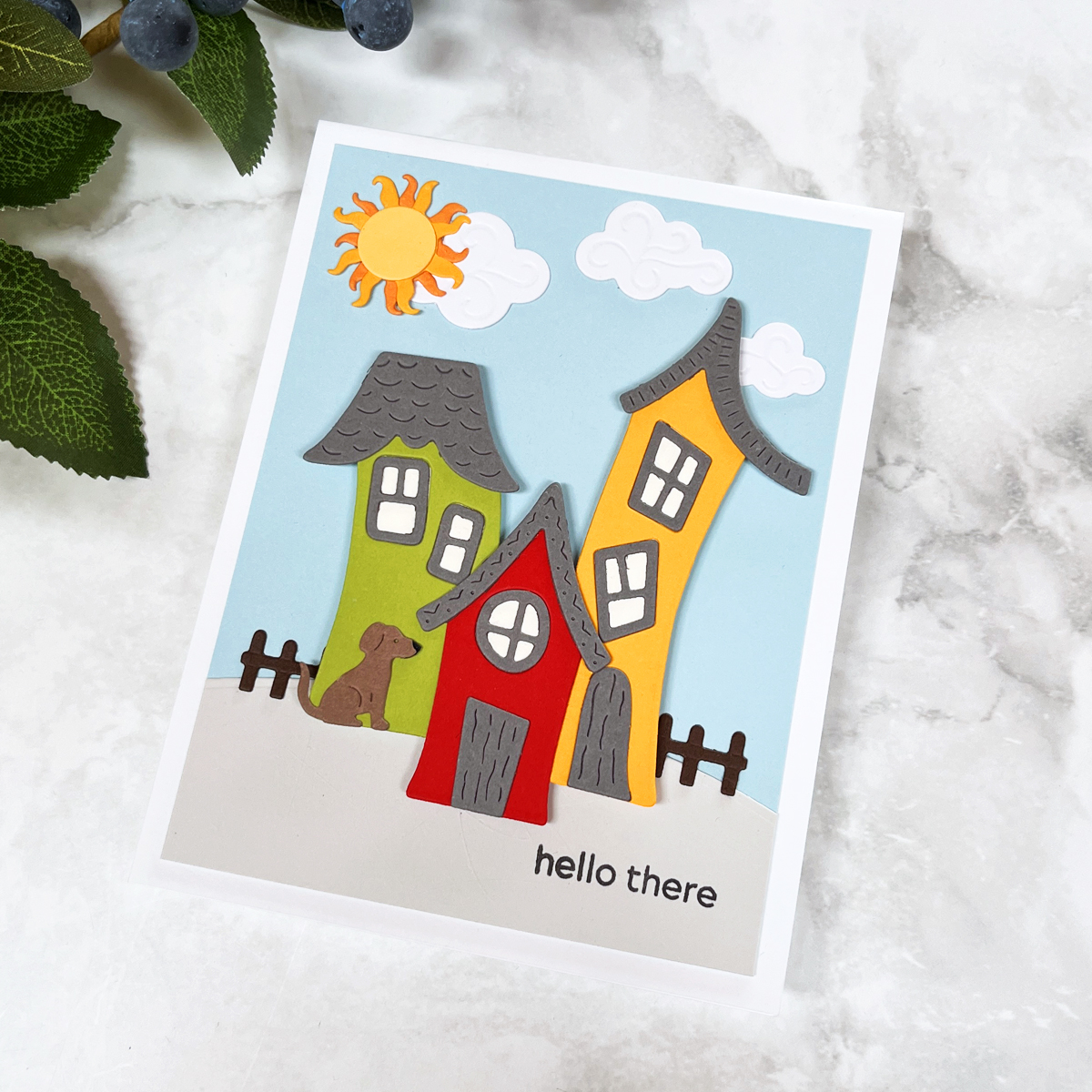 colorful die cut trio of houses card