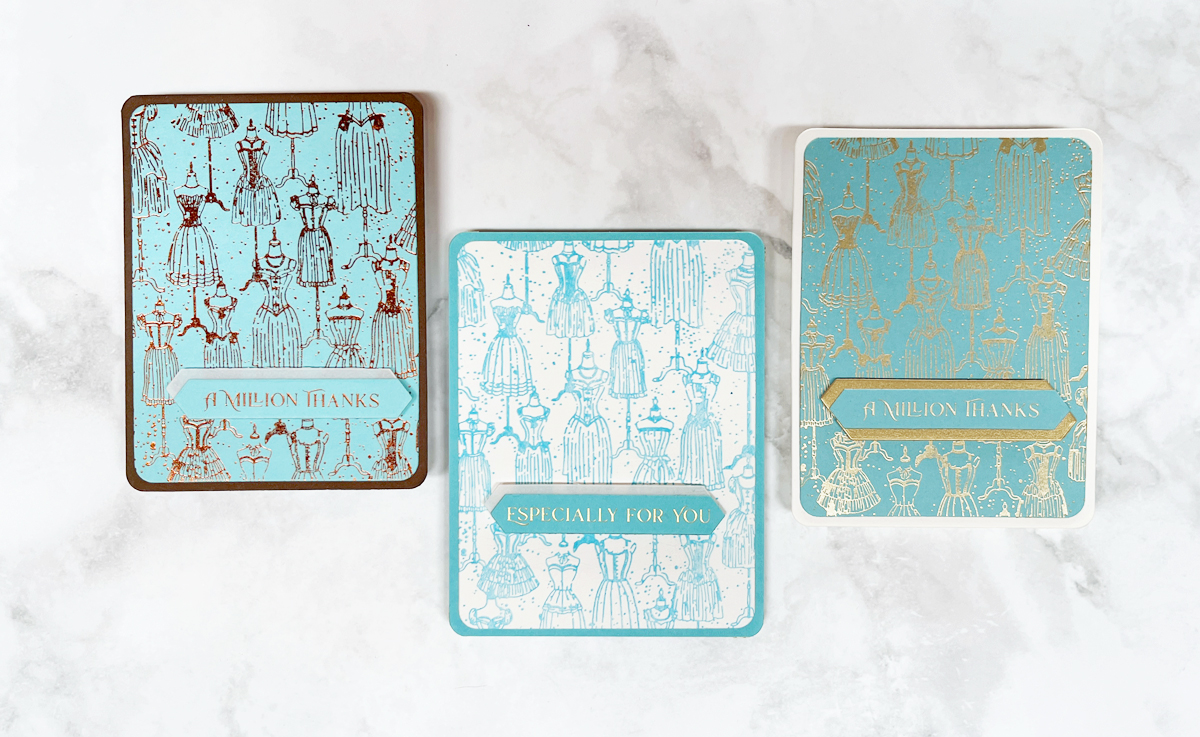 Trio of cards made with the same press plate to compare BetterPress letterpress vs. Glimmer Hot Foil