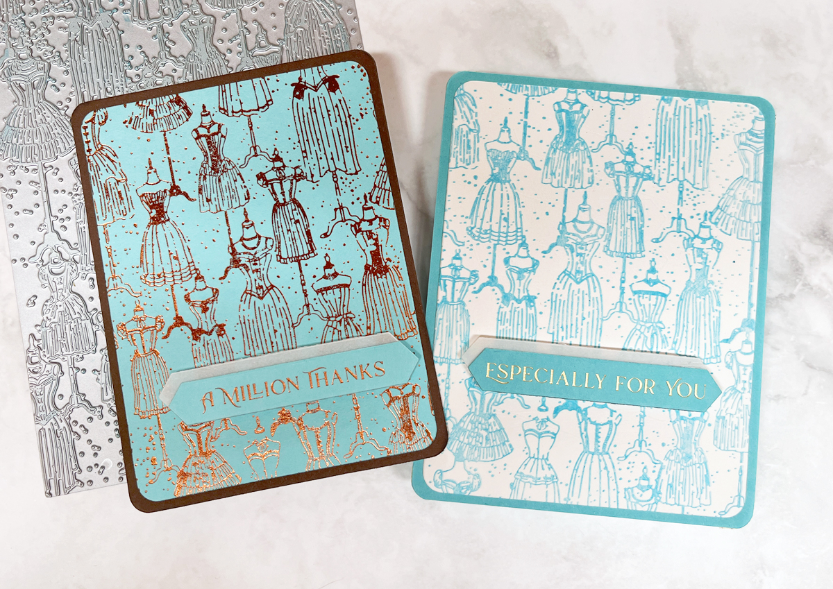 side by side comparison of a vintage style dress press plate made into two cards:  BetterPress letterpress and Glimmer Hot Foil