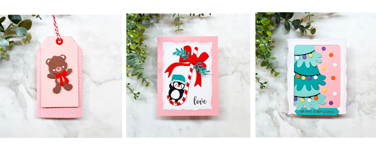 3 cute cie-cut pink and teal Christmas cards and tag featuring a Teddy Bear, penguin and whimsical tree.