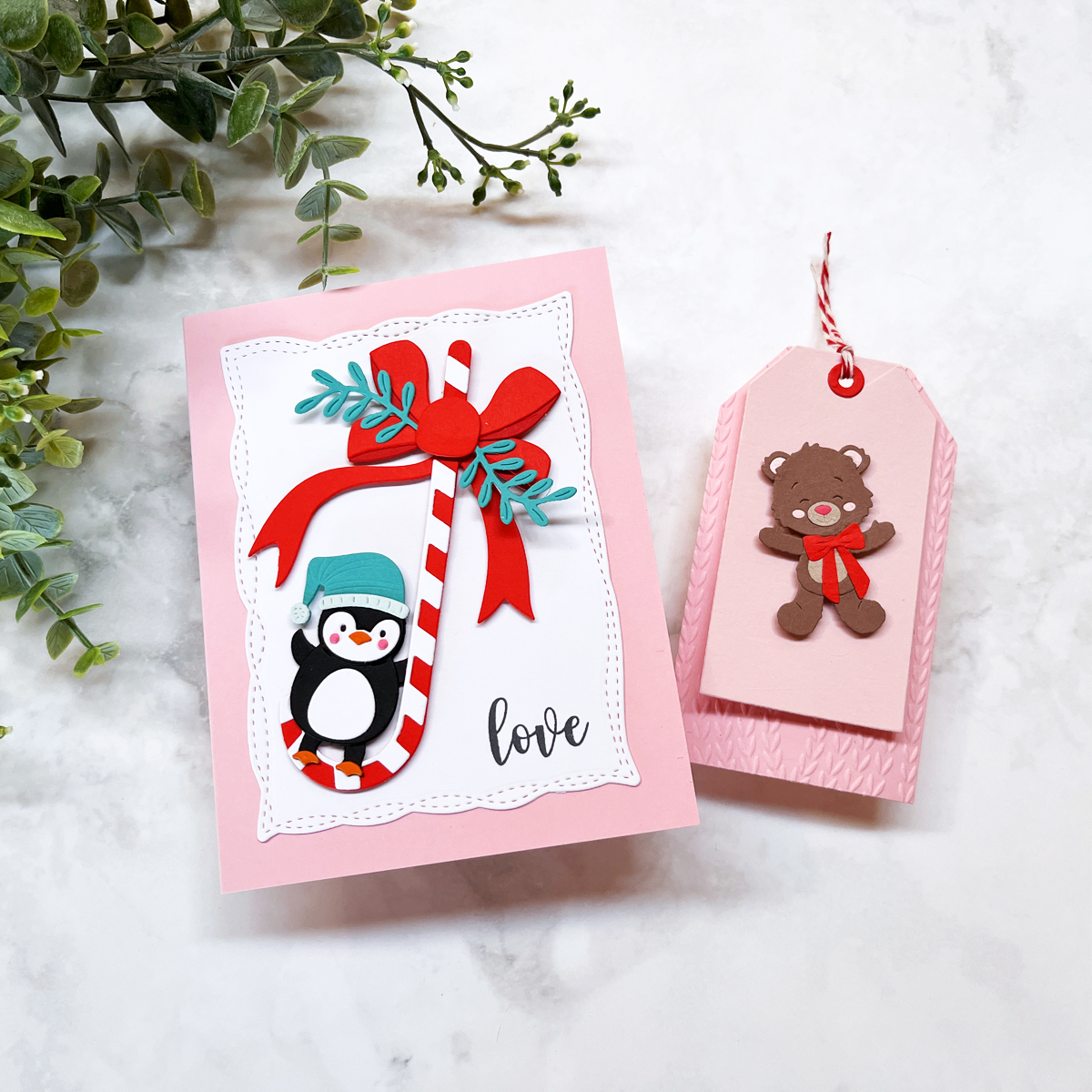 Adorable Christmas card and tag featuring a diecut penguin "swinging on a candy cane" and a sweet Teddy Bear tag.
