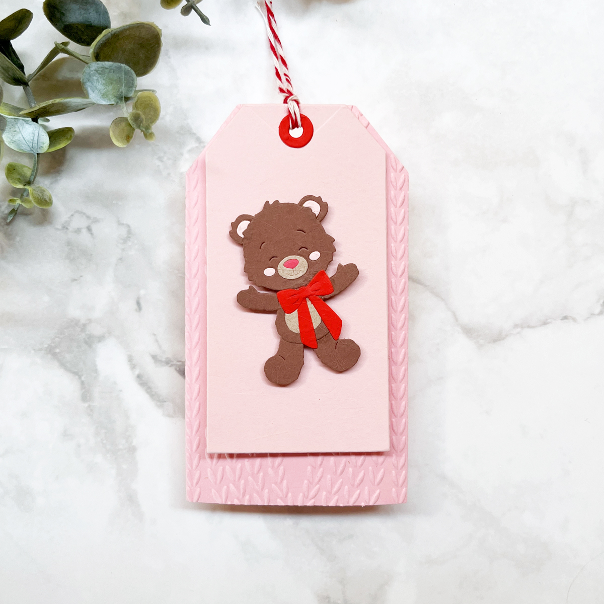 Adorable handmade 2 layer gift tag with a die-cut Teddy Bear. Perfect for a baby shower or Christmas.