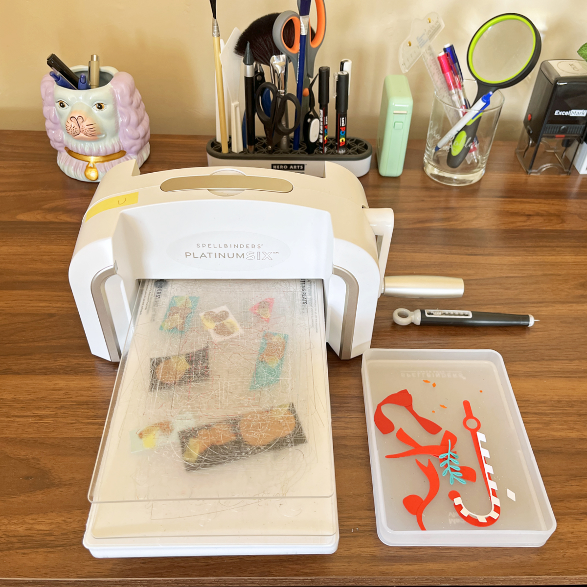 process photo of my workhorse Platinum 6 die cutting machine and my Craft Stax organziner.