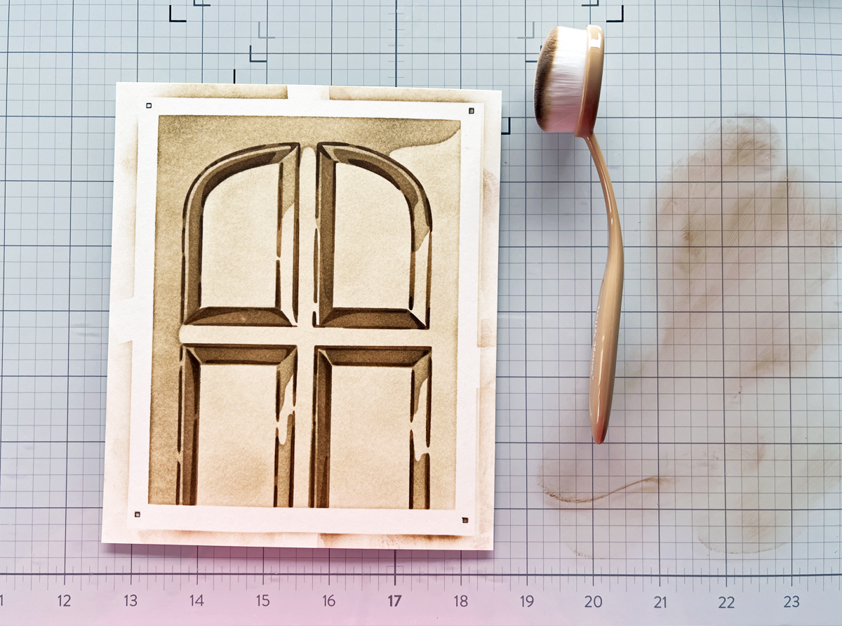Process photo showing my layer stenciled front door card background mid-process.