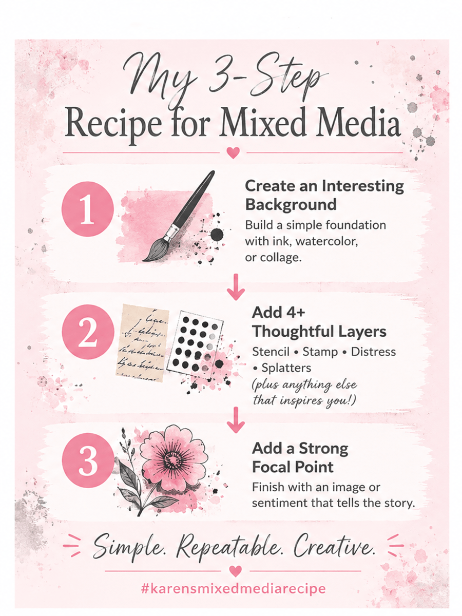 3 Step Recipe for Mixed Media Cards Graphic. Backgrounds, layers and focal point