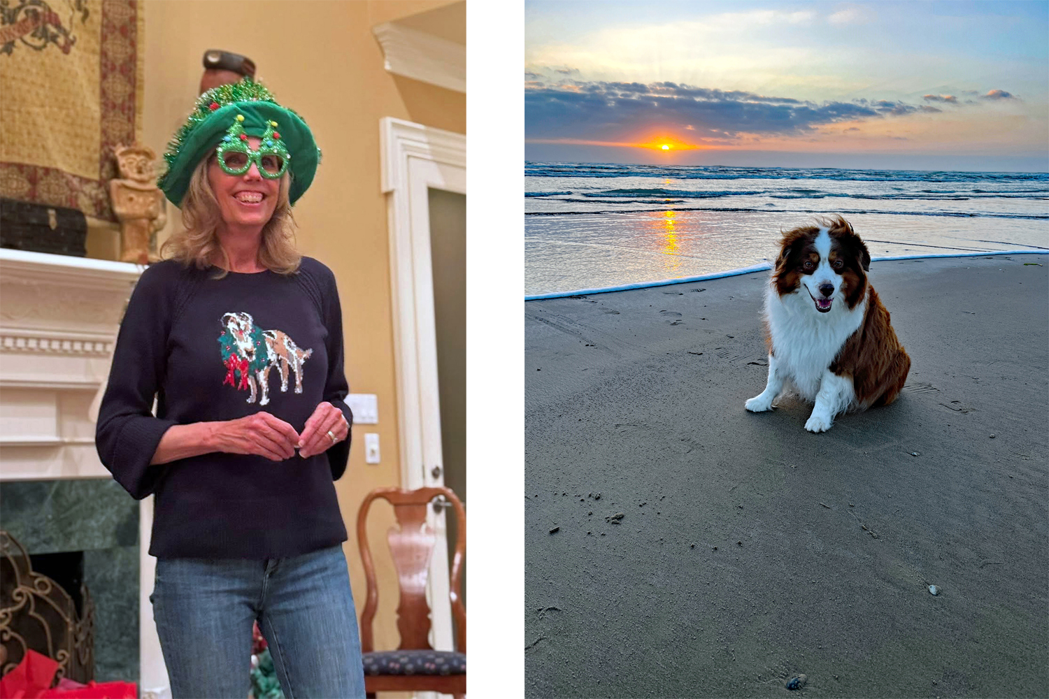 A silly photo of Karen in a funny Christmas hat + my mini-Aussie dog