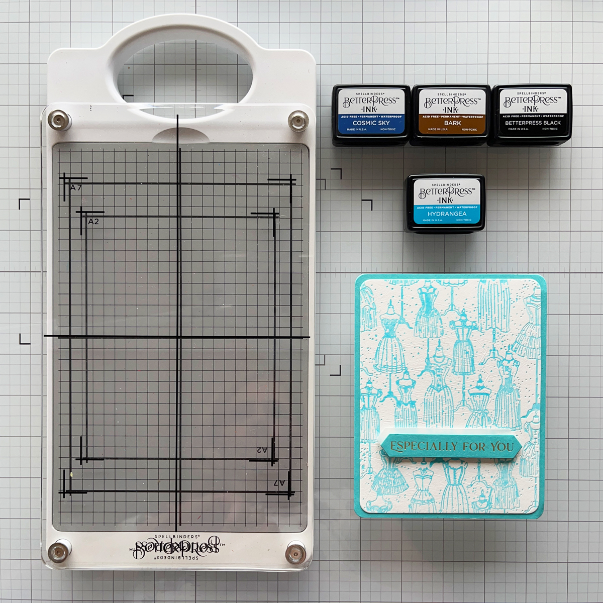 Spellbinders BetterPress System with inks and handmade letterpress card:  one of the best gifts you can give a cardmaker