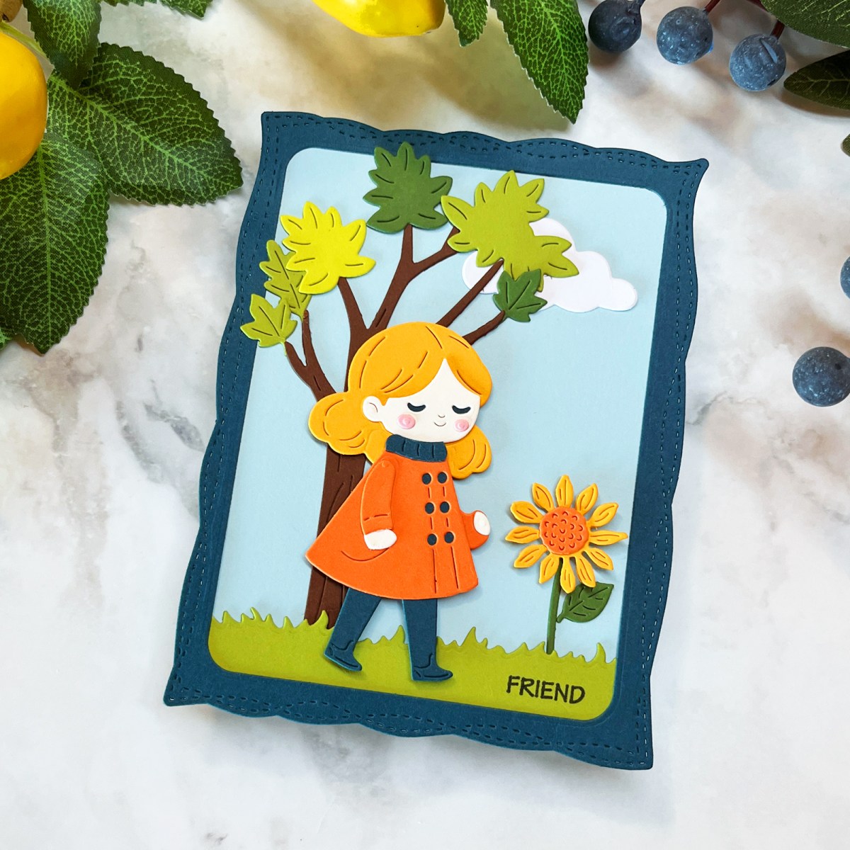 I created a "little storybook scene" card of a girl walking outside by a tree and flower.  