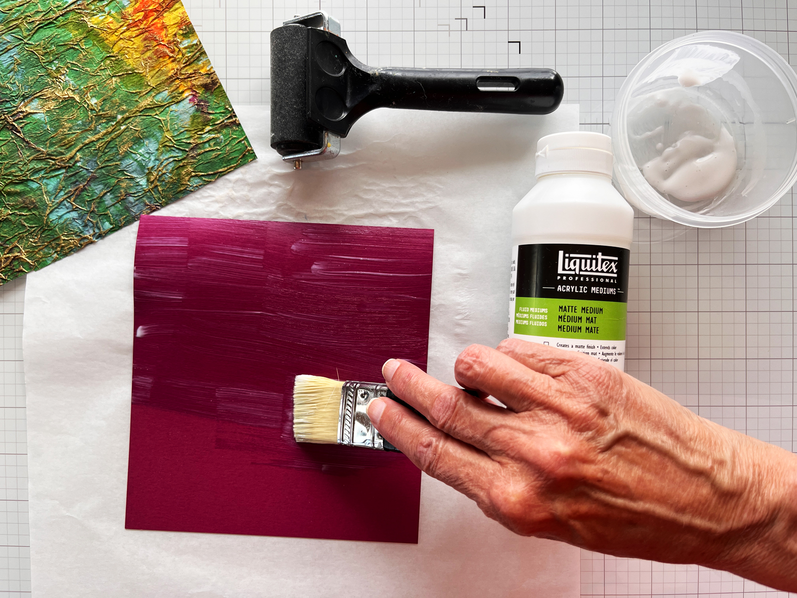 Using Matte Medium to glue handmade paper to cardstock backing for mixed media